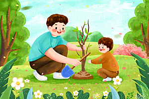 父亲和孩子一起种树插画