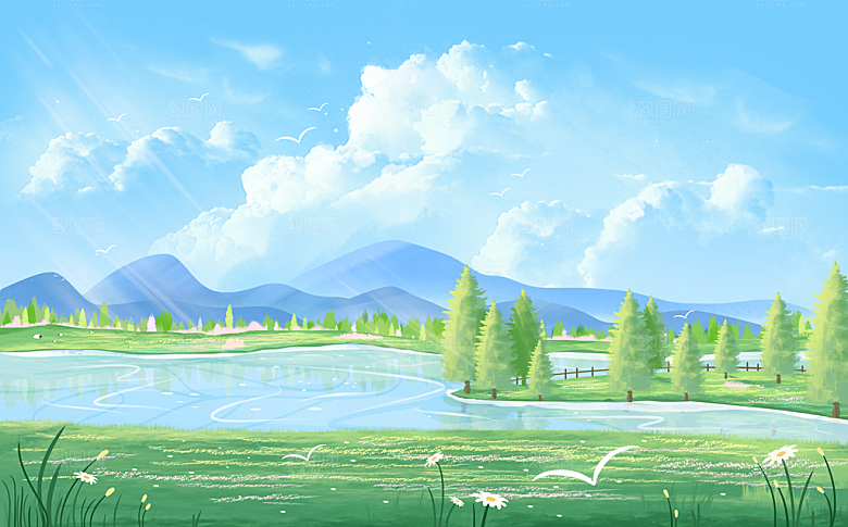 小清新春天唯美天空蓝天白云草地插画