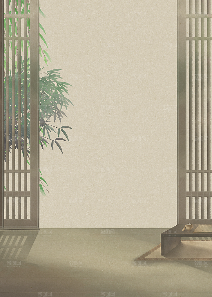 中式古风复古中国风工笔画背景展板