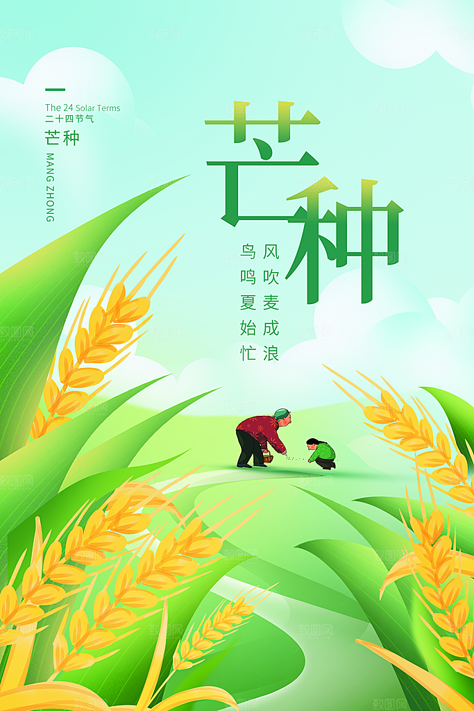 中国传统节气芒种平面海报插画