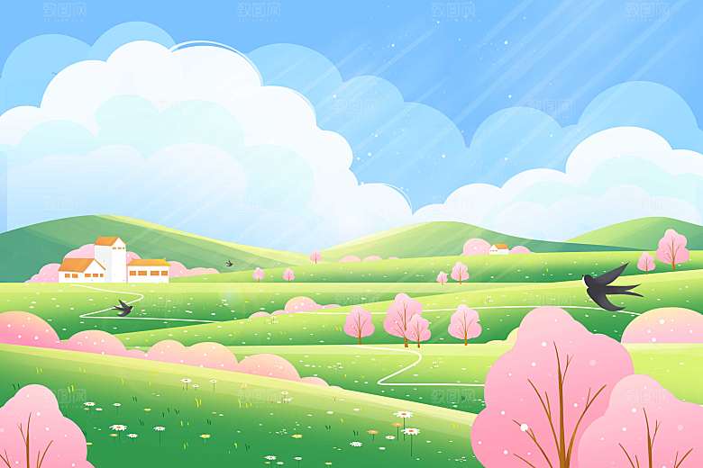 春天清明节春天风景樱花草地插画背景