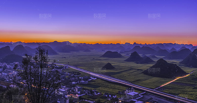 星空公路夜景夕阳城市村庄