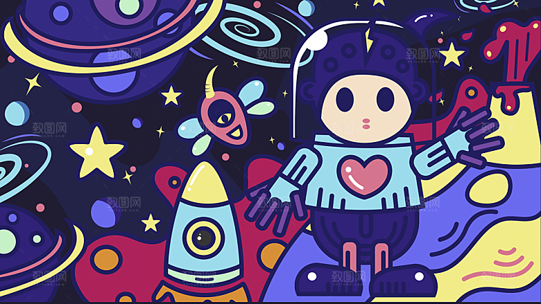 涂鸦蒸汽机器人太空插画漫画海报