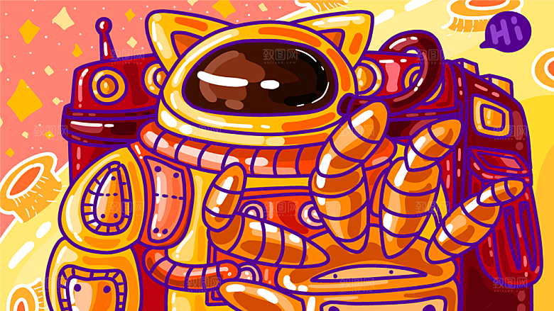 涂鸦蒸汽机器人太空插画漫画海报