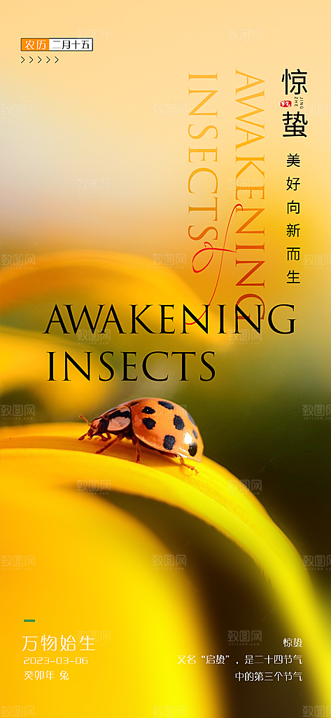 中国传统节气惊蛰渐变手机海报