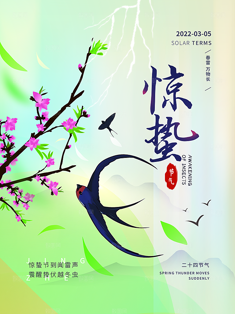 中国传统节气惊蛰简约手机海报