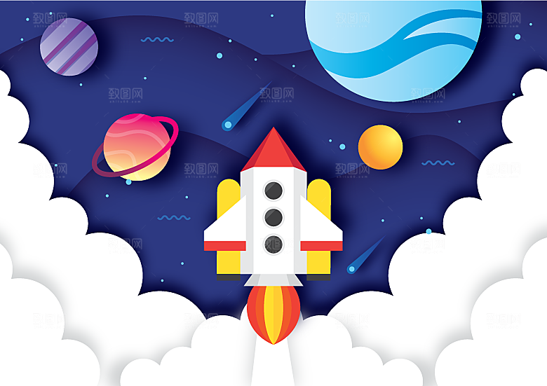 立体感科技宇宙火箭星球插画素材