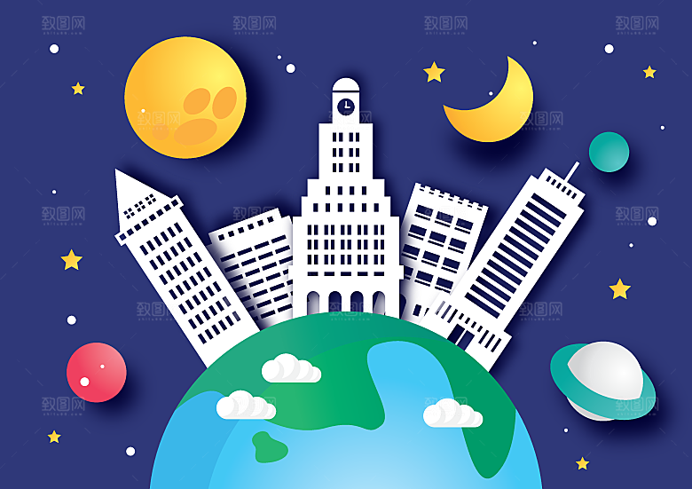 立体感科技宇宙火箭星球插画素材