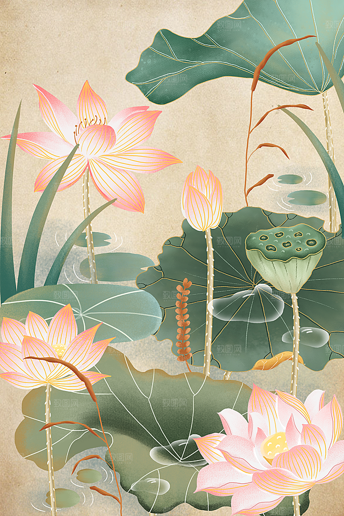 手绘插画清新荷花海报