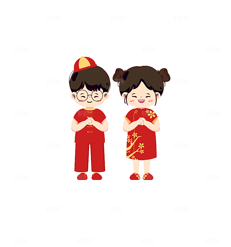 中国风男孩女孩拜年矢量