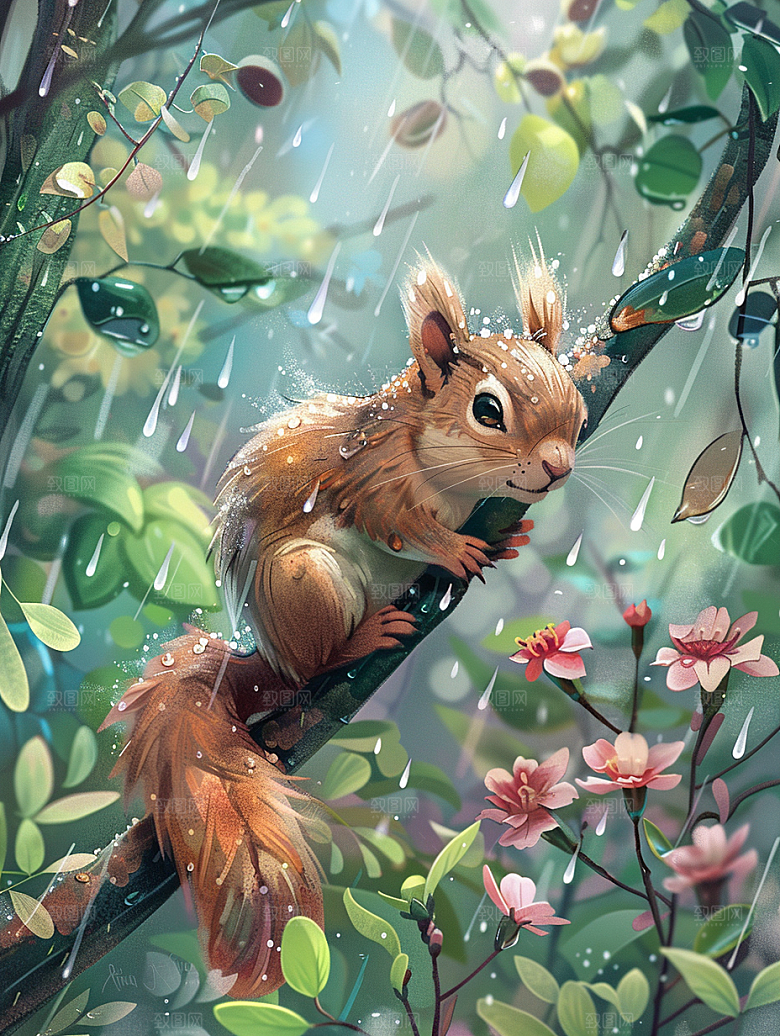 春天小雨中的小松鼠