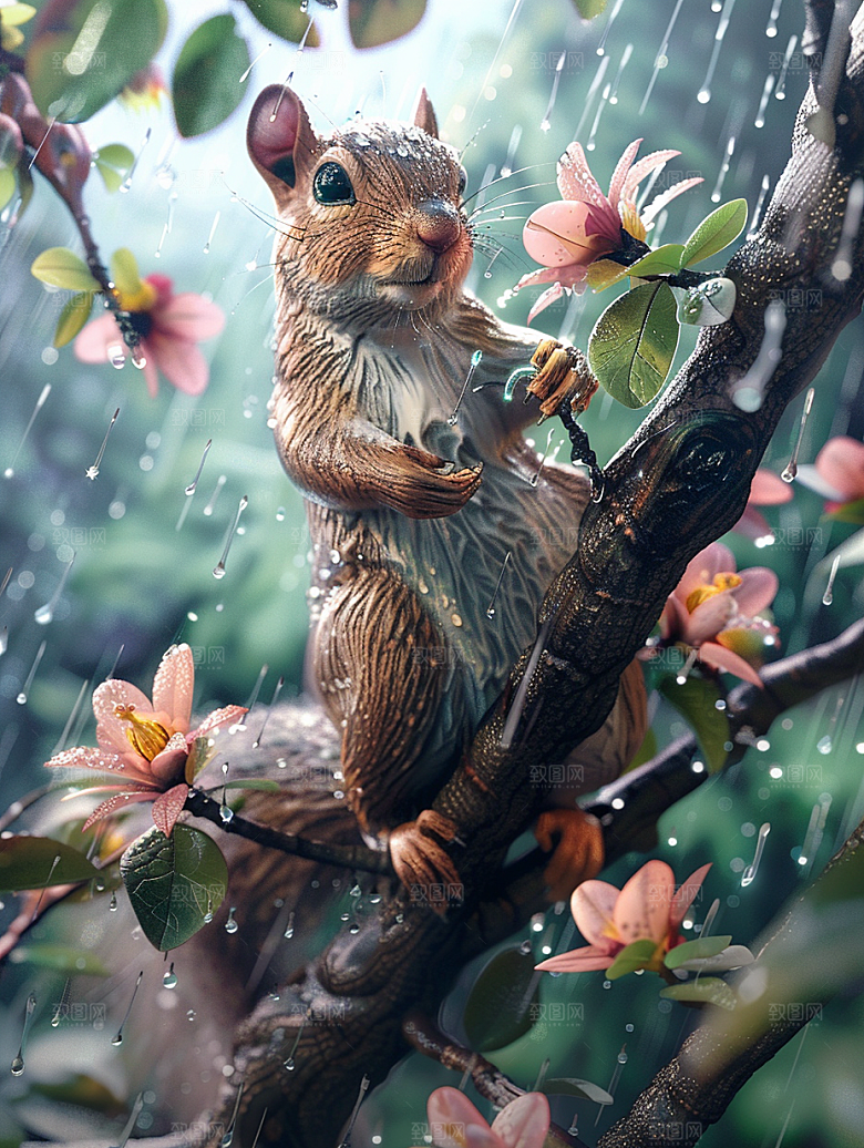 春天小雨中的小松鼠