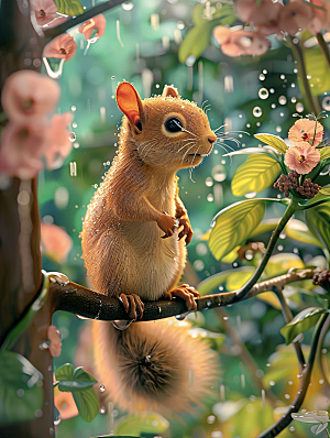 春天小雨中的小松鼠
