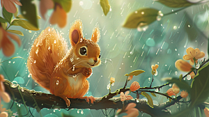 春天小雨中的小松鼠