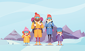 一家人滑雪矢量插画素材
