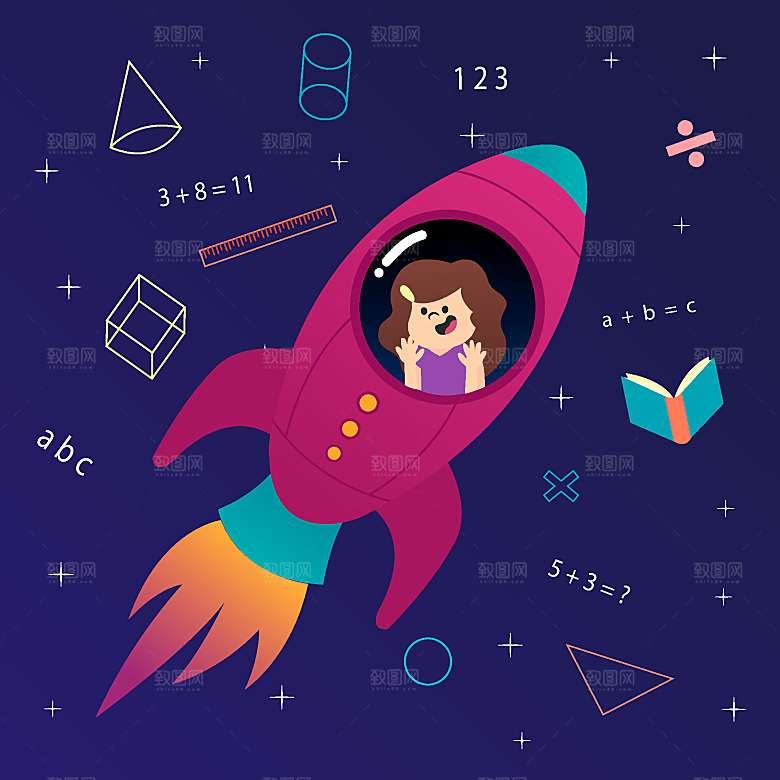乘坐宇宙飞船的女孩卡通矢量
