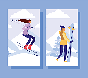 冬季滑雪人物矢量插画