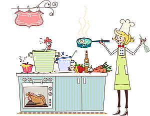 矢量卡通手绘厨房美女人物创意插画