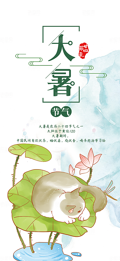 二十四节气大暑小清新荷花猫腻海报