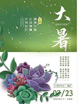 大暑绿色传统节日卡通海报