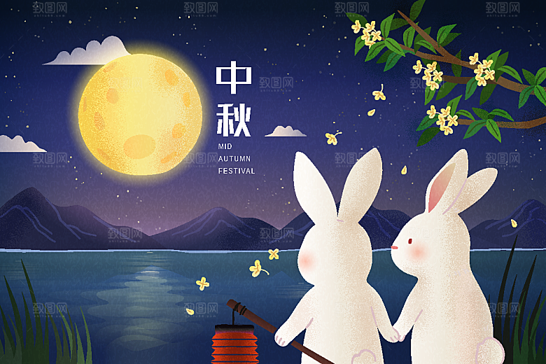 简约大气中秋传统插画模板