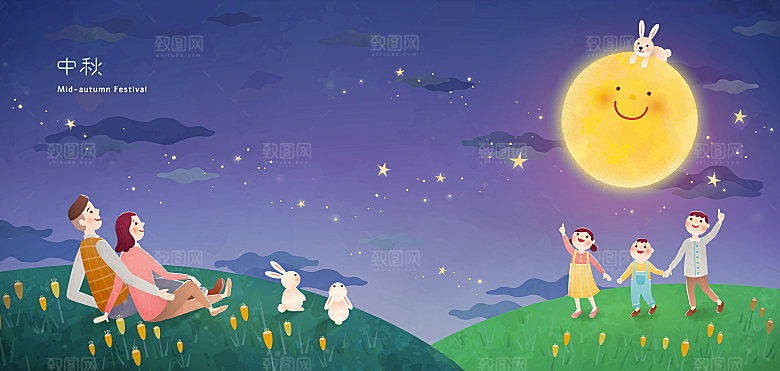 简约大气中秋传统插画模板