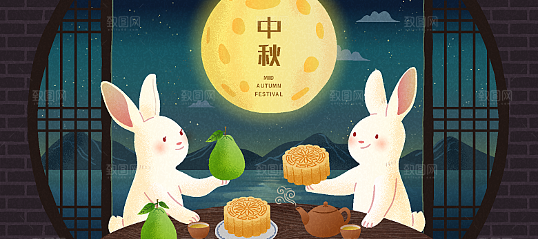 手绘中国风中秋节节日插画海报