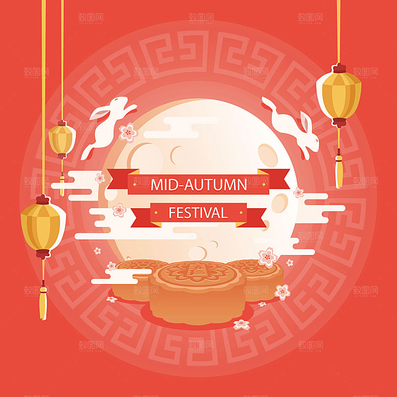 简约大气中秋传统插画素材