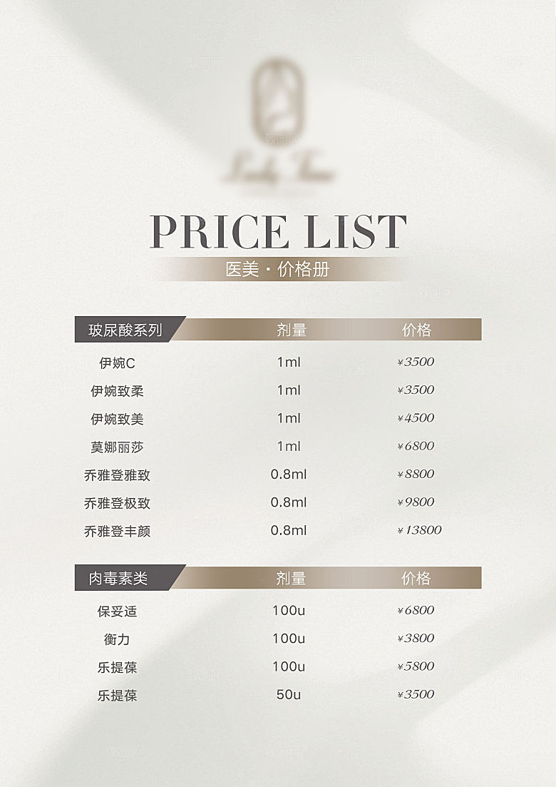 高端医美项目价格表海报
