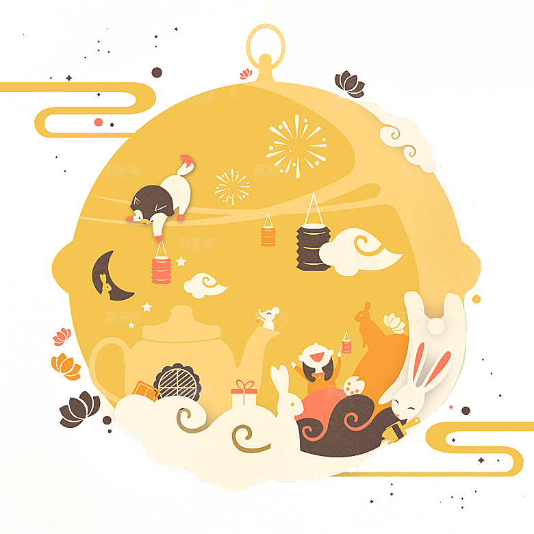 中秋节节日兔子月亮月饼图案素材