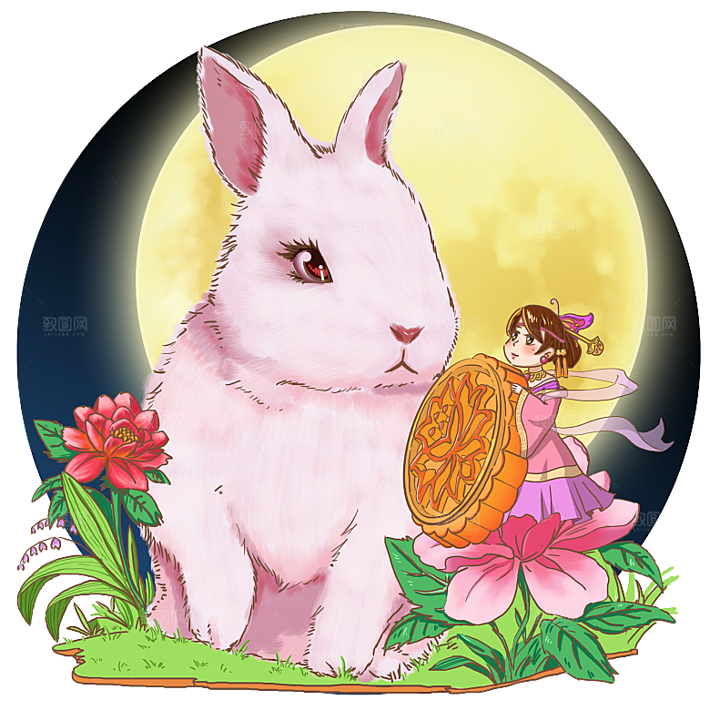 卡通可爱兔子月亮插画元素