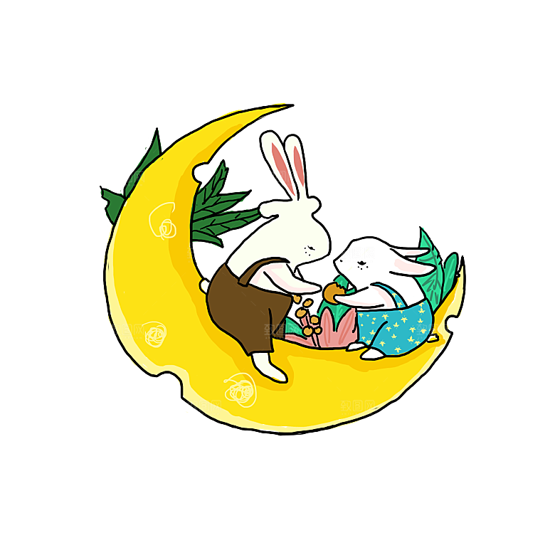 卡通可爱兔子月亮插画元素