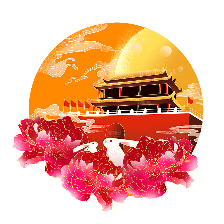 中秋节节日兔子月亮月饼图案素材
