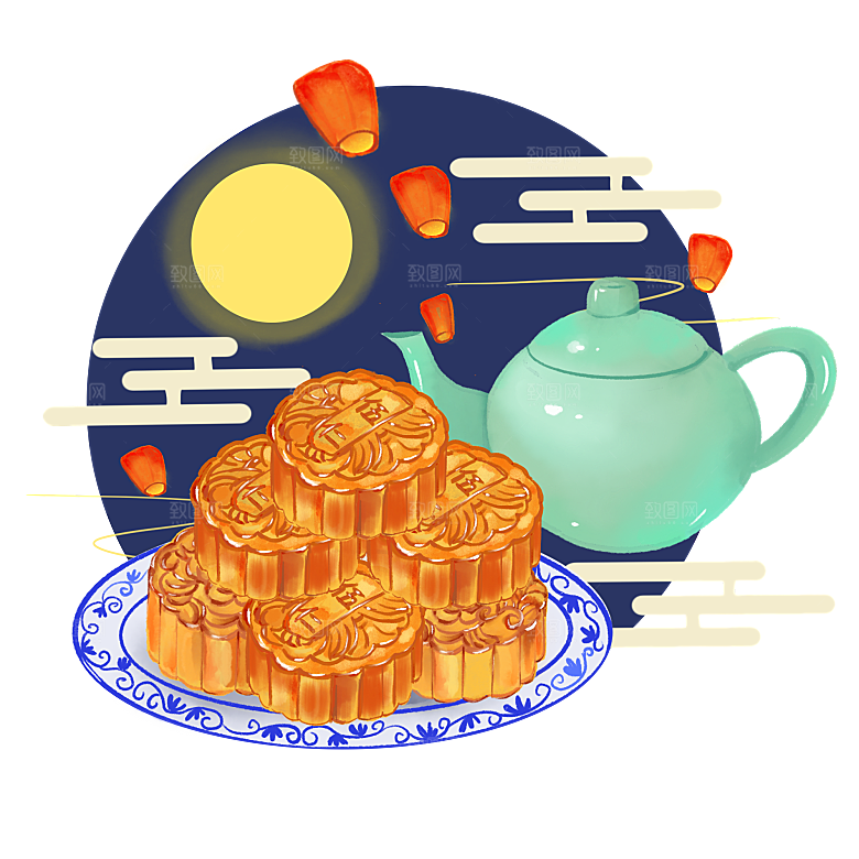 中秋节节日兔子月亮月饼图案素材