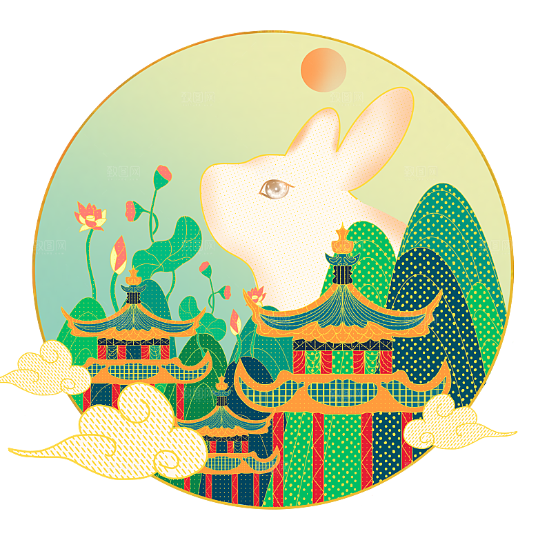 中秋节节日兔子月亮月饼图案素材