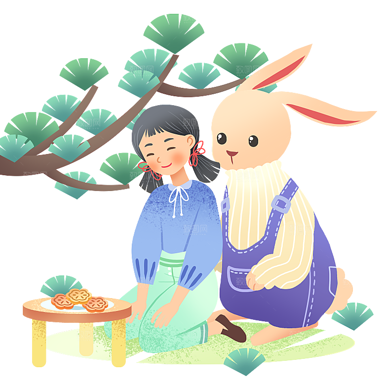 卡通可爱兔子月亮插画元素