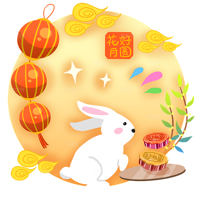 卡通可爱兔子月亮插画元素