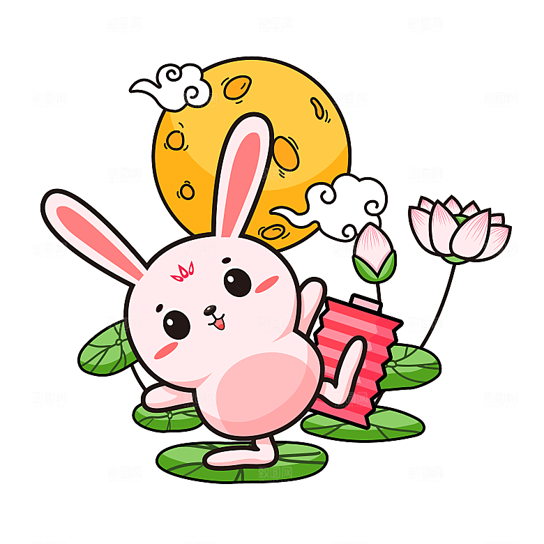 卡通可爱兔子月亮插画元素