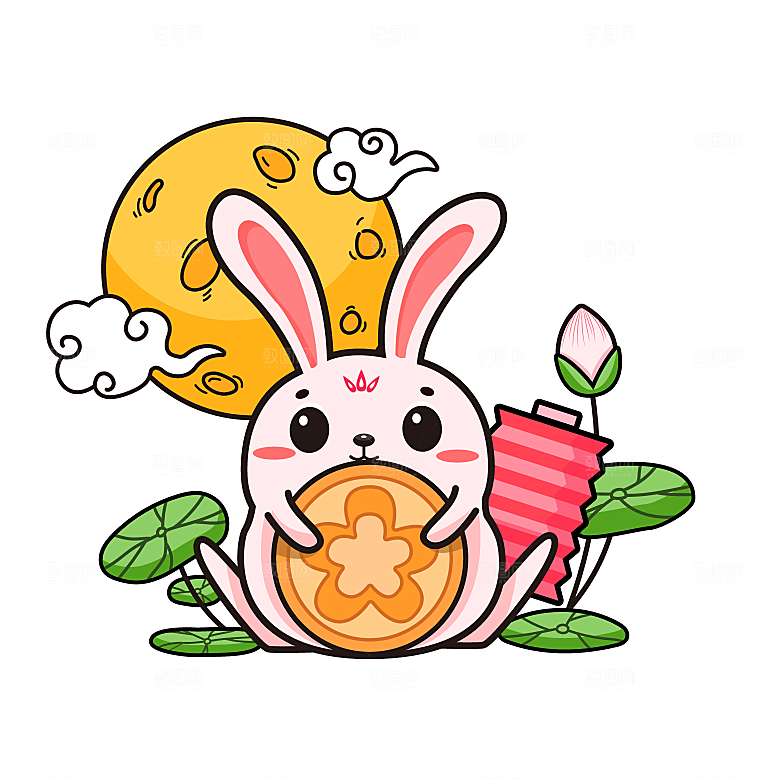 卡通可爱兔子月亮插画元素
