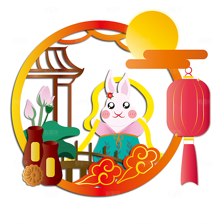 卡通可爱兔子月亮插画元素