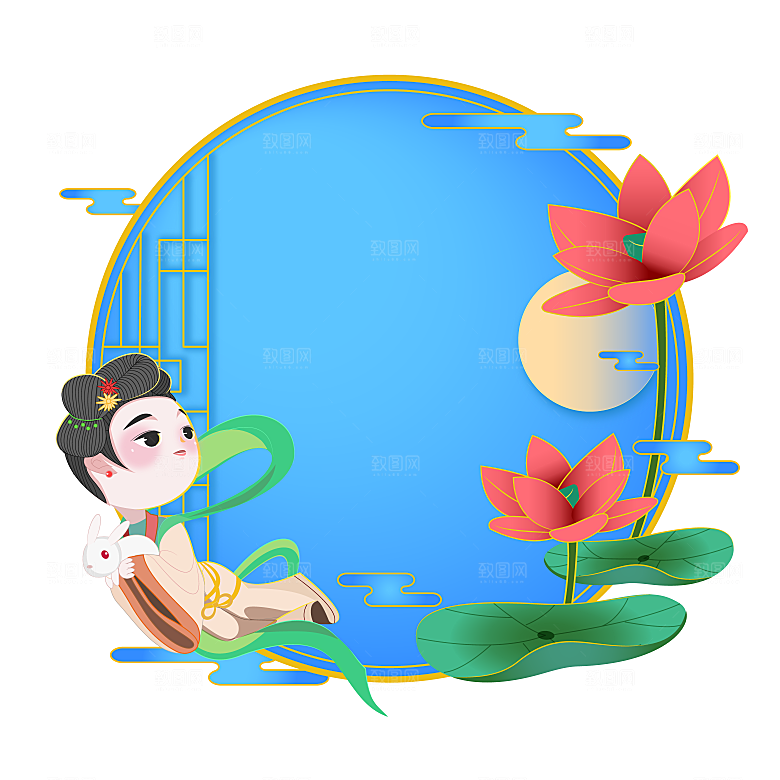 卡通可爱兔子月亮插画元素