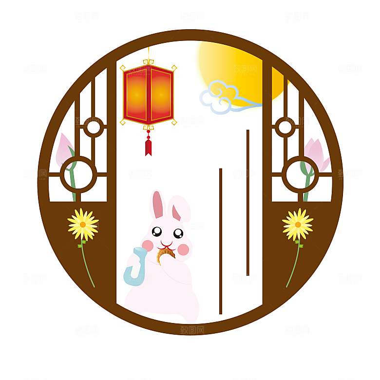 卡通可爱兔子月亮插画元素