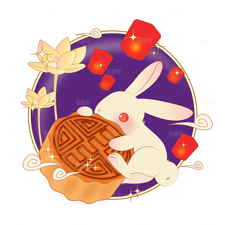 卡通可爱兔子月亮插画元素