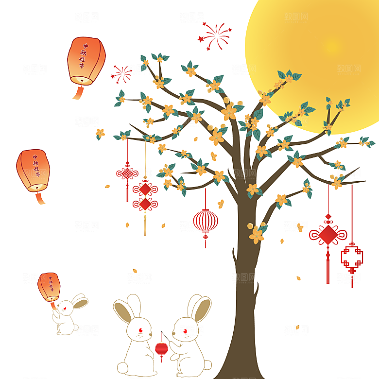 中秋节节日兔子月亮月饼图案素材
