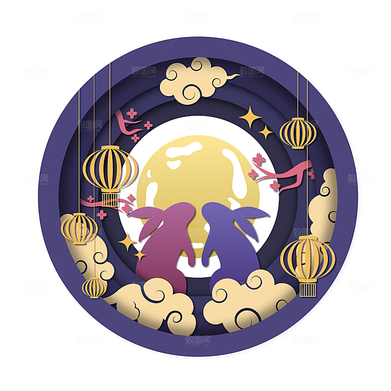 中秋节节日兔子月亮月饼图案素材