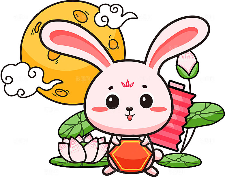 卡通可爱兔子月亮插画元素