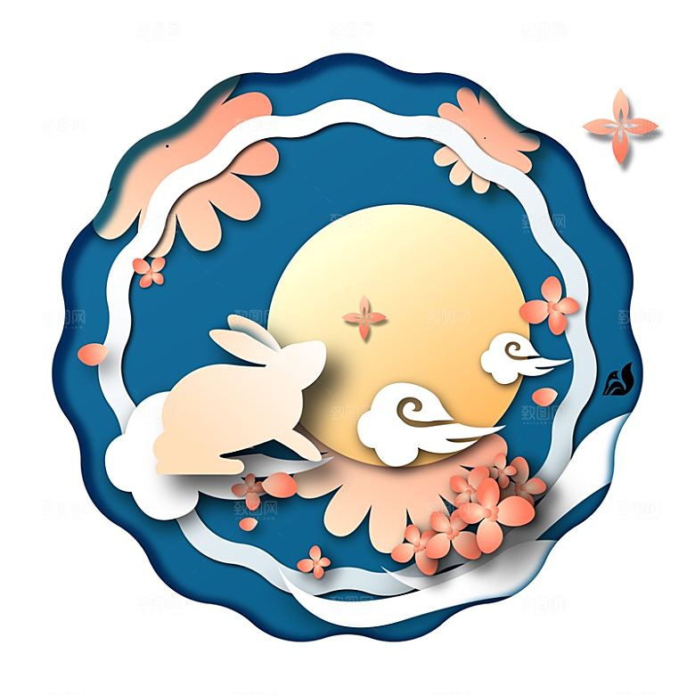 卡通可爱兔子月亮插画元素
