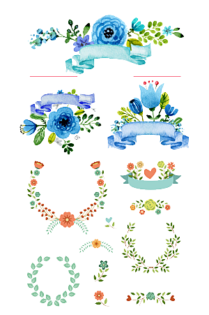 唯美手绘水彩花环花卉婚礼png装饰素材