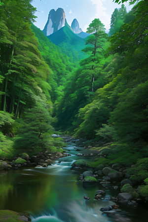 壮丽的自然景观高山深林和流水的完美融合