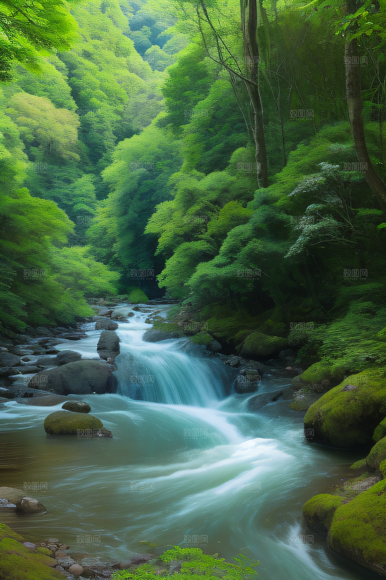 自然的细节流动的水翠绿的树叶和雄伟的山峦